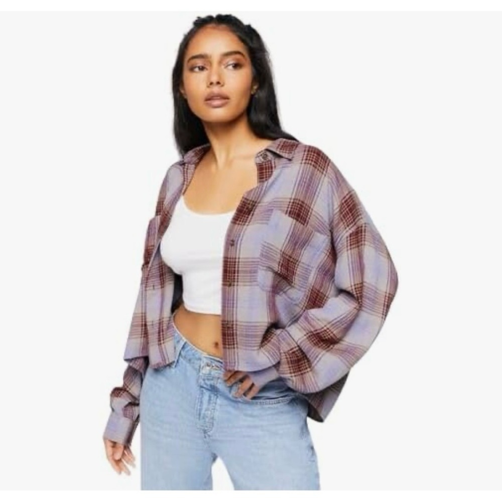 Forever 21 Purple and Brown Sleeve Crop Top Flannel 🧸💜